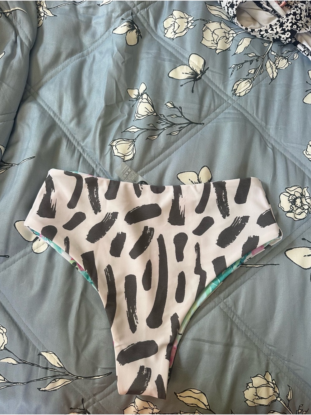 moana bikini White Bikini Bottom with Black Brushstroke Print